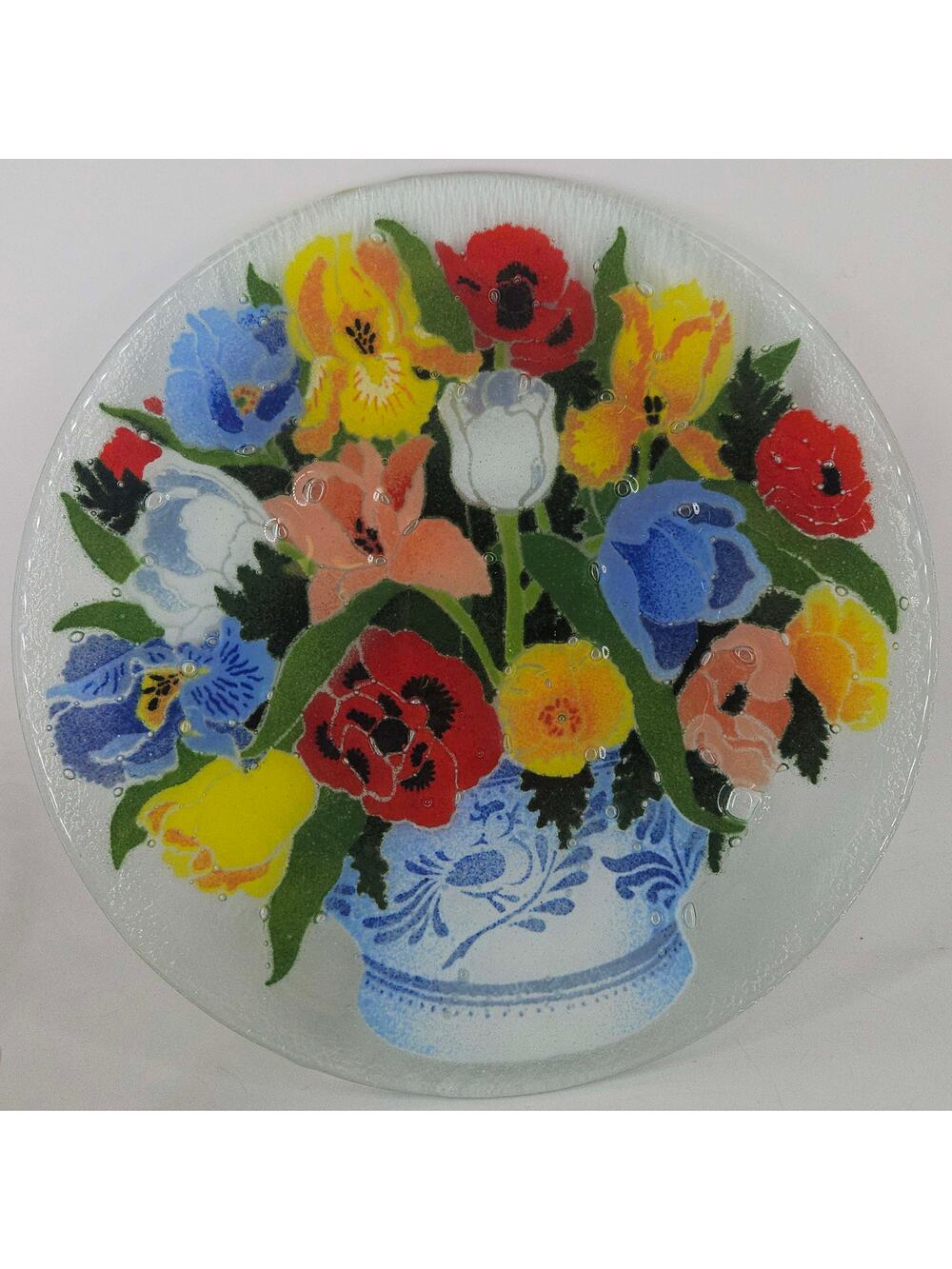 Retired Peggy Karr Art Glass Plate Floral Bouquet Blue White Vase 11.25"